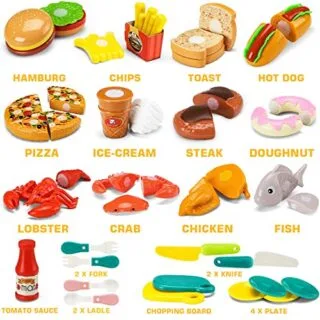 Engage kids with this 42-piece play food set featuring realistic fruits, vegetables, and fast food items, perfect for interactive pretend kitchen fun.
