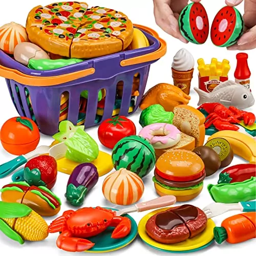 Kids Play Food Set: 42-Piece Pretend Kitchen Toys Featuring Fruits, Vegetables, and Fast Food for Imaginative Play and Learning.