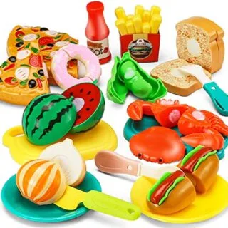 Engage kids with a vibrant 42-piece play food set featuring colorful fruits, vegetables, and fast food toys, perfect for imaginative kitchen fun.