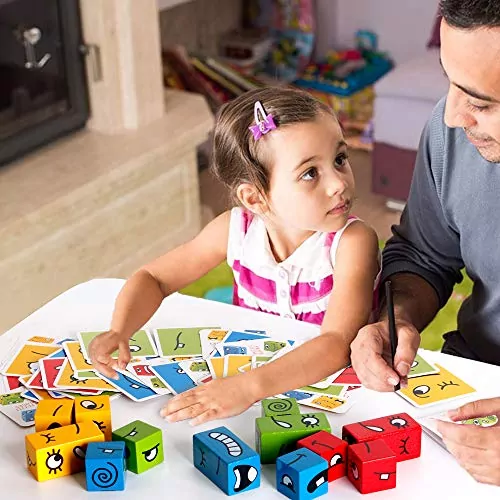 Enhance learning with wooden expression matching blocks; educational puzzle cubes designed for engaging and fun playtime activities.