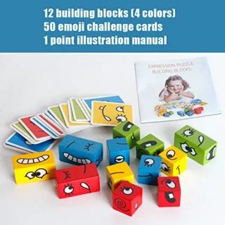 Colorful wooden blocks arranged for an educational expression matching puzzle, enhancing cognitive skills and visual perception through playful learning.