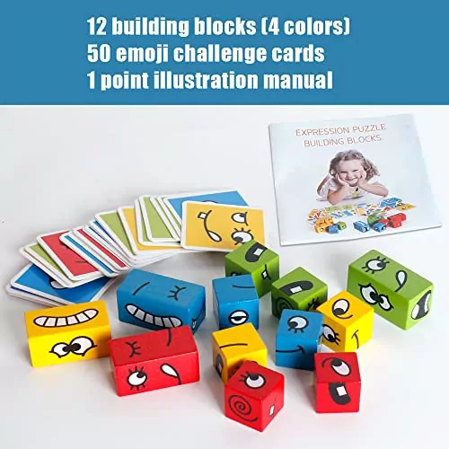 Colorful wooden blocks arranged for an educational expression matching puzzle, enhancing cognitive skills and visual perception through playful learning.
