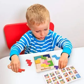 Engage your mind with 60 brain teaser challenges using 3D wooden puzzle blocks, designed for educational play and cognitive skill development.