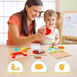 Enhance fine motor skills with Coogam's Montessori-inspired animal shape wooden puzzle set, perfect for engaging early childhood learning and development.
