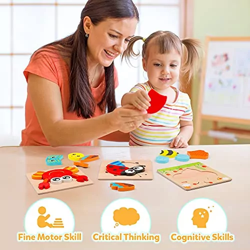 Enhance fine motor skills with Coogam's Montessori-inspired animal shape wooden puzzle set, perfect for engaging early childhood learning and development.