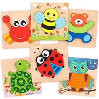 Coogam Animal Shape Wooden Puzzle Set, Montessori-inspired toy for fine motor skills development, features six diverse animal puzzles for educational fun.