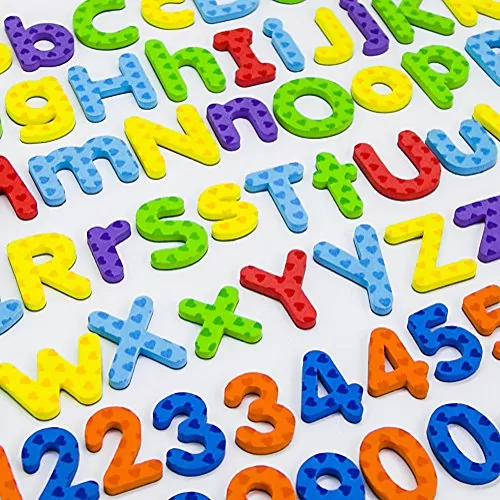Colorful magnetic letters and numbers set, ideal for enhancing classroom learning, teaching the alphabet, and improving early math skills.