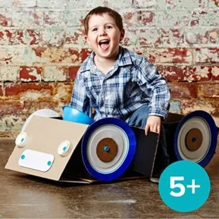 Eco-friendly cardboard construction kit toolbox for kids featuring 50 pieces for STEM/STEAM creative play, encouraging sustainability and learning.