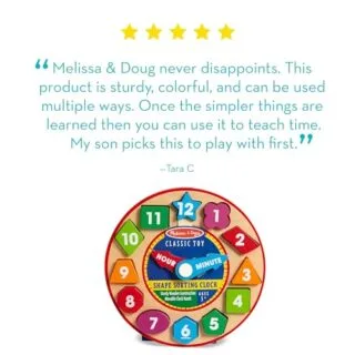 Educational wooden shape sorting clock for kids by Melissa & Doug, perfect interactive toy for learning shapes and time concepts in a fun way.