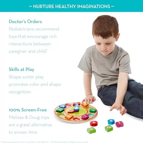 Melissa & Doug Wooden Shape Sorting Clock is a vibrant educational toy designed to engage young minds in early learning and time-telling skills.