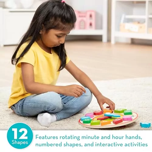 Melissa & Doug Educational Wooden Shape Sorting Clock enhances early learning by teaching kids time recognition and shape sorting simultaneously.