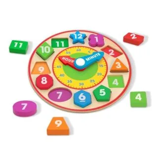 Enhance early learning with the Melissa & Doug Educational Wooden Shape Sorting Clock, designed to teach time and shape recognition. Perfect for young learners.