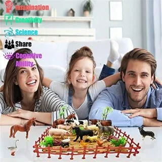 Realistic 53-piece farm animal playset for kids, featuring educational toys with detailed animal figures, fences, and building blocks for imaginative play.