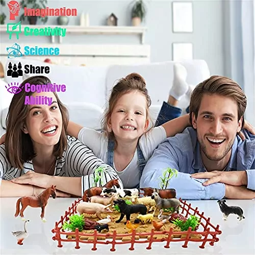 Realistic 53-piece farm animal playset for kids, featuring educational toys with detailed animal figures, fences, and building blocks for imaginative play.