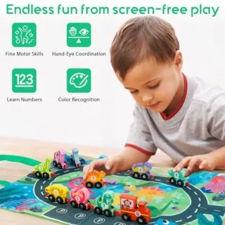 Wooden Dinosaur Train Set for Toddlers offers educational fun with an interactive playmat and convenient storage, enhancing imaginative playtime.
