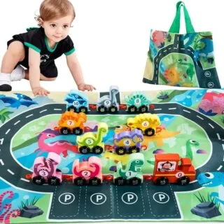 Enhance toddler playtime with a vibrant educational wooden dinosaur train set and playmat, perfect for interactive learning and convenient storage.