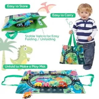 Vibrant dinosaur toys and a wooden train set arranged on a playmat, offering an engaging and fun activity for toddlers. Perfect for imaginative play.