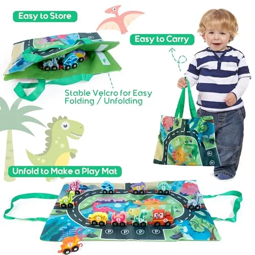 Vibrant dinosaur toys and a wooden train set arranged on a playmat, offering an engaging and fun activity for toddlers. Perfect for imaginative play.