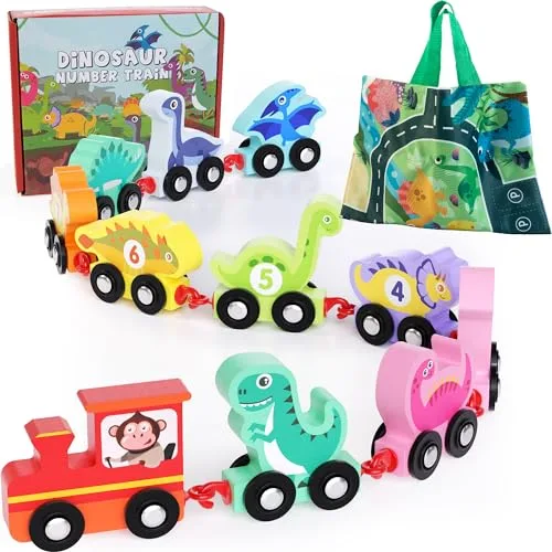 Discover Hellowood Dinosaur Toys, an educational wooden train set with a playmat storage, designed for toddlers' engaging and fun learning experiences.