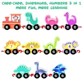 Hellowood Dinosaur Toys: Engaging Wooden Train Set and Playmat for Toddlers. Enhance Learning with Vibrant Dinosaur Figures and Convenient Storage.