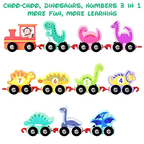 Hellowood Dinosaur Toys: Engaging Wooden Train Set and Playmat for Toddlers. Enhance Learning with Vibrant Dinosaur Figures and Convenient Storage.