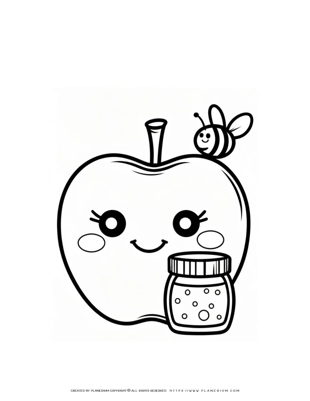 Printable coloring page featuring a cute apple, honey jar, and buzzing bee, ideal for children's creative activities and educational fun.