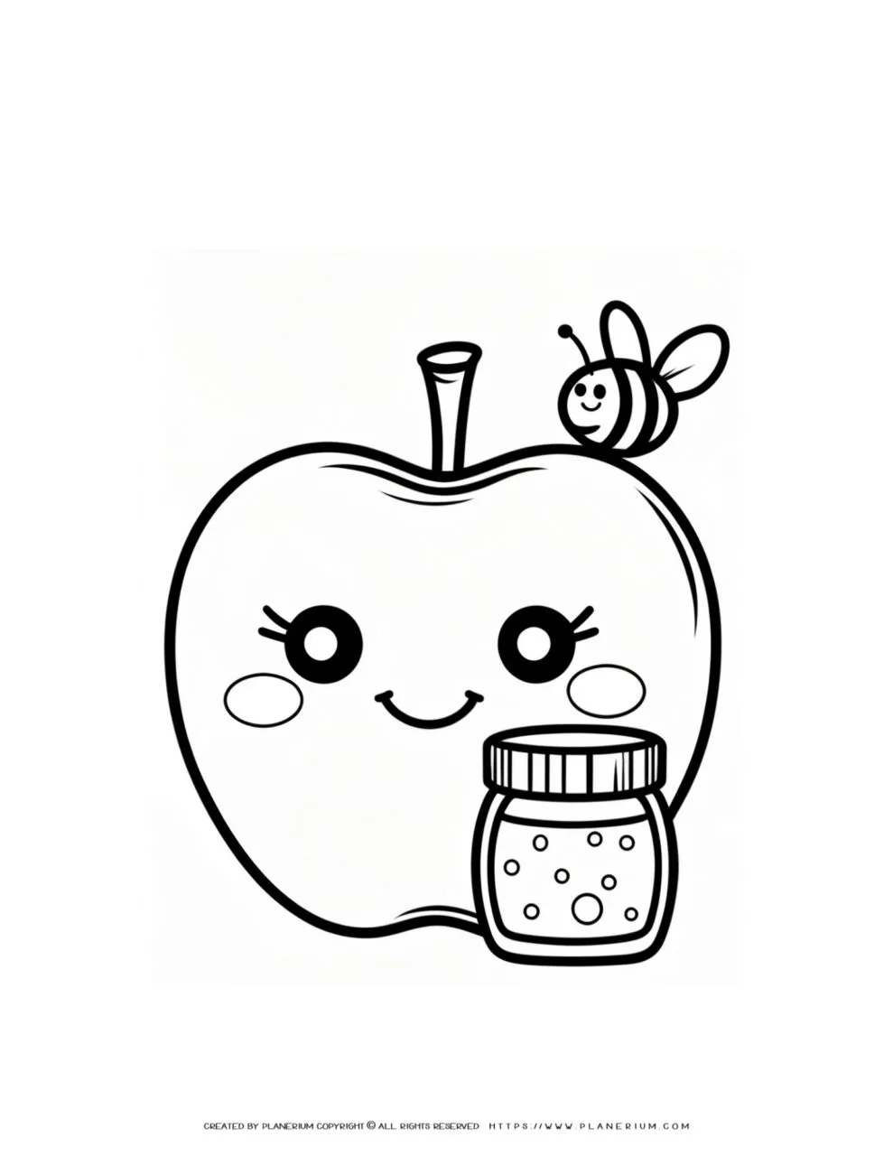 Printable
  coloring page featuring a cute apple, honey jar, and buzzing bee, ideal for
  children's creative activities and educational fun.
