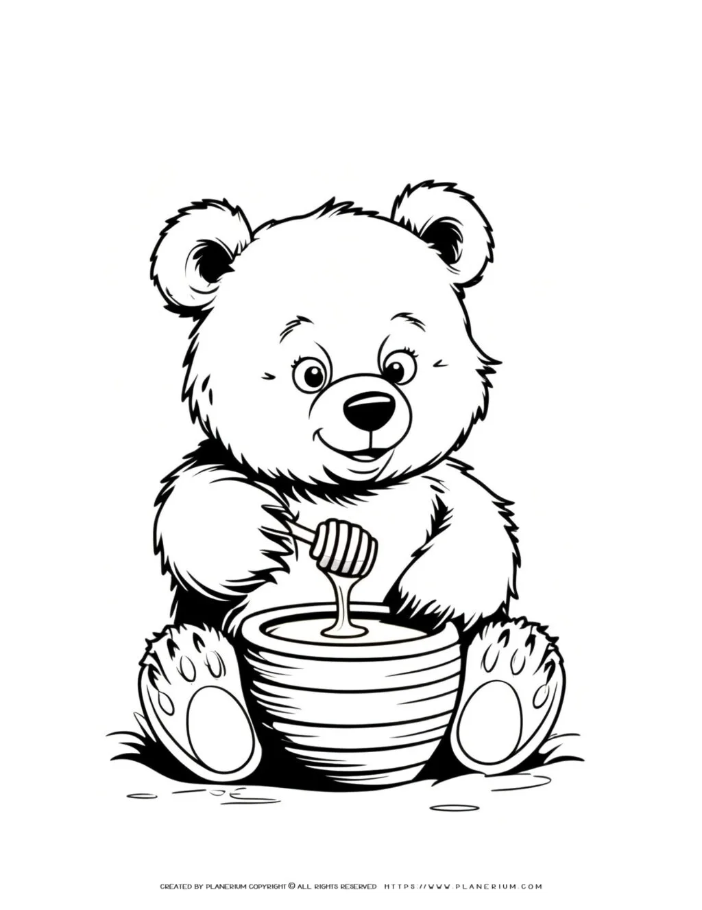 Adorable bear enjoying honey coloring page for children, free printable activity, perfect for kids' creative entertainment.