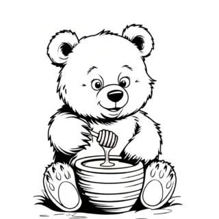 Adorable bear enjoying honey coloring page for children, free printable activity, perfect for kids' creative entertainment.