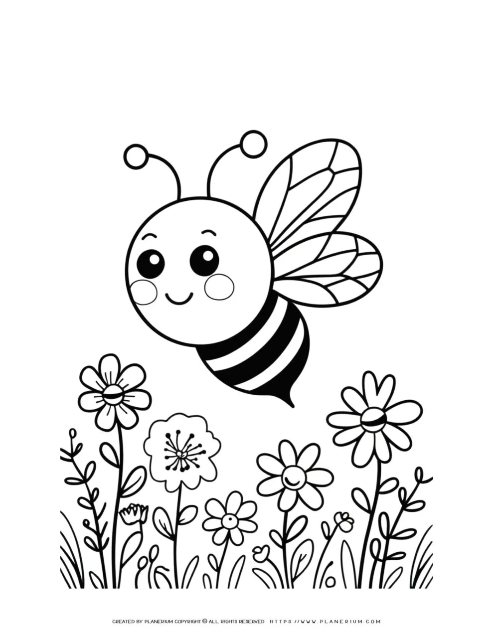 Printable
  coloring page featuring a cute bee surrounded by flowers, designed for kids
  to enjoy and enhance their creativity. Perfect for fun learning activities.