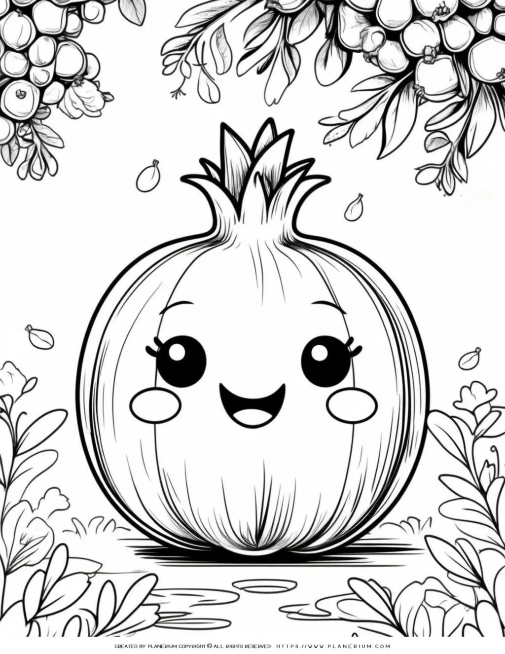 Download a charming pomegranate coloring page featuring a garden setting. Perfect for kids and adults, this printable offers a fun, nature-inspired activity.