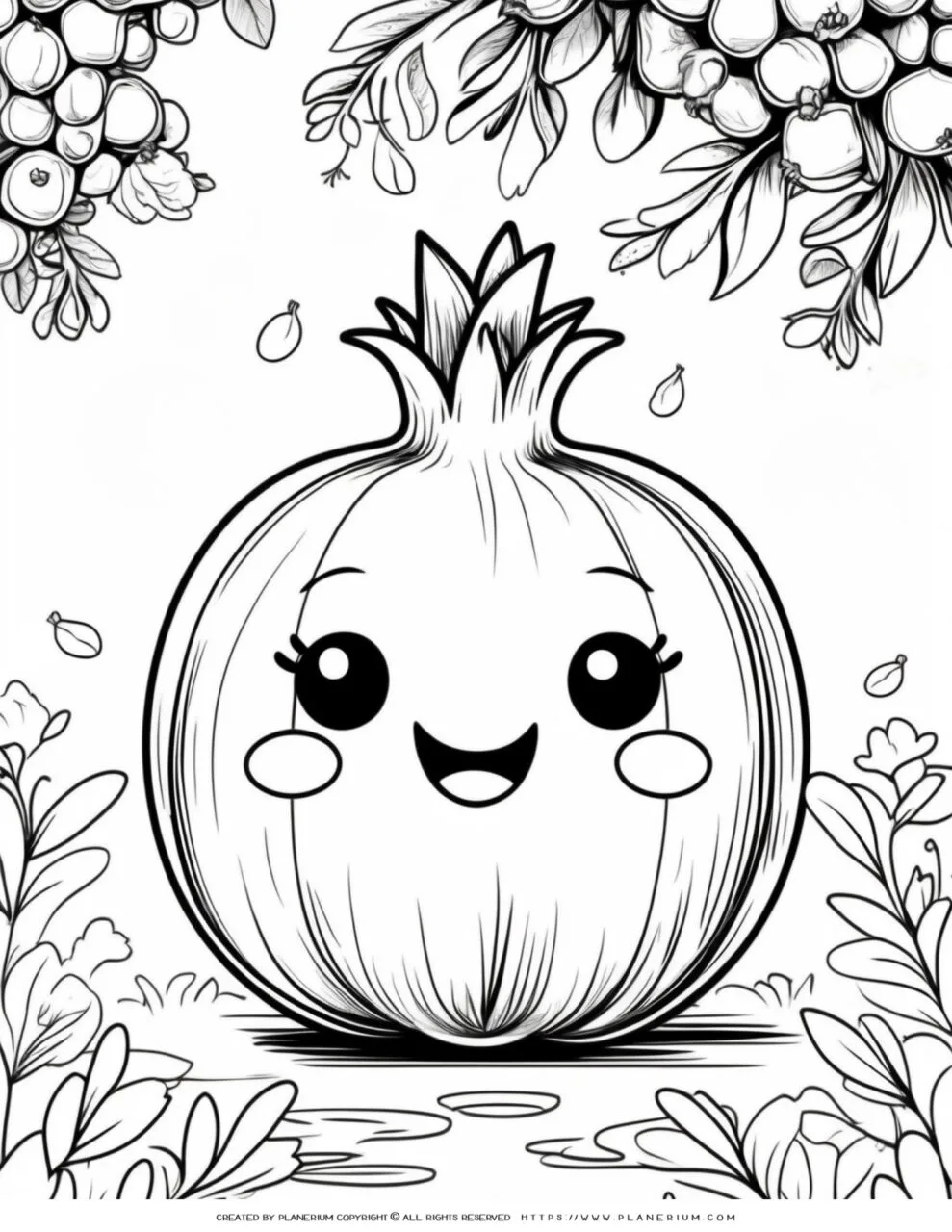 Download a
  charming pomegranate coloring page featuring a garden setting. Perfect for
  kids and adults, this printable offers a fun, nature-inspired activity.