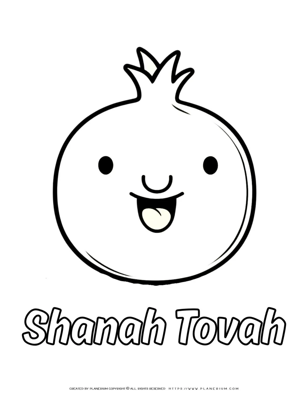 Adorable pomegranate face coloring sheet for Shanah Tovah, available as a printable. Perfect for Jewish New Year celebrations.