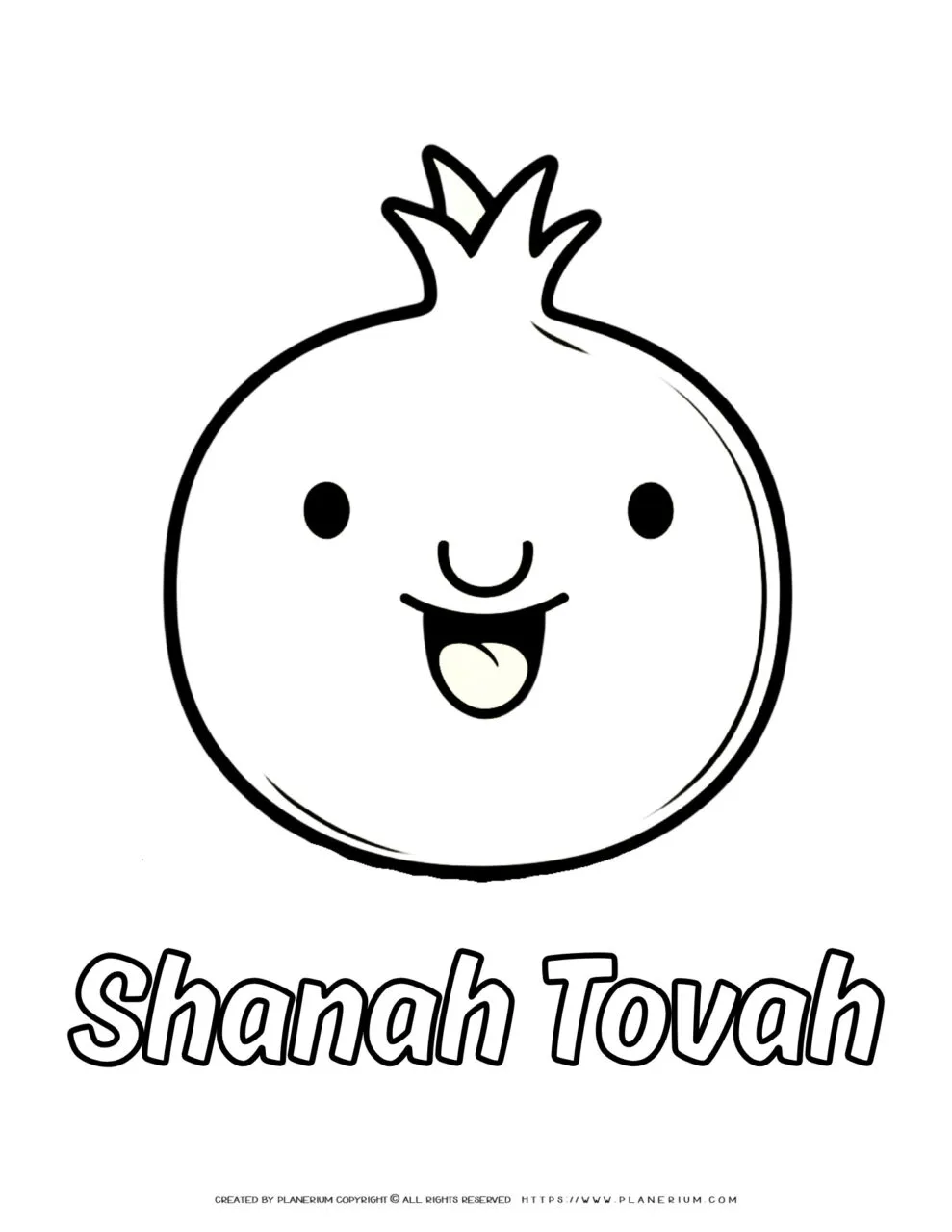 Adorable
  pomegranate face coloring sheet for Shanah Tovah, available as a printable.
  Perfect for Jewish New Year celebrations.