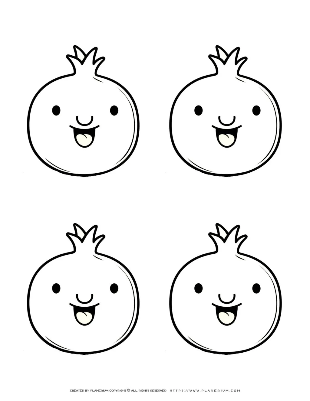 Printable coloring sheet featuring four cute pomegranate faces, ideal for kids’ creative fun and artistic expression. Perfect for engaging coloring activities.
