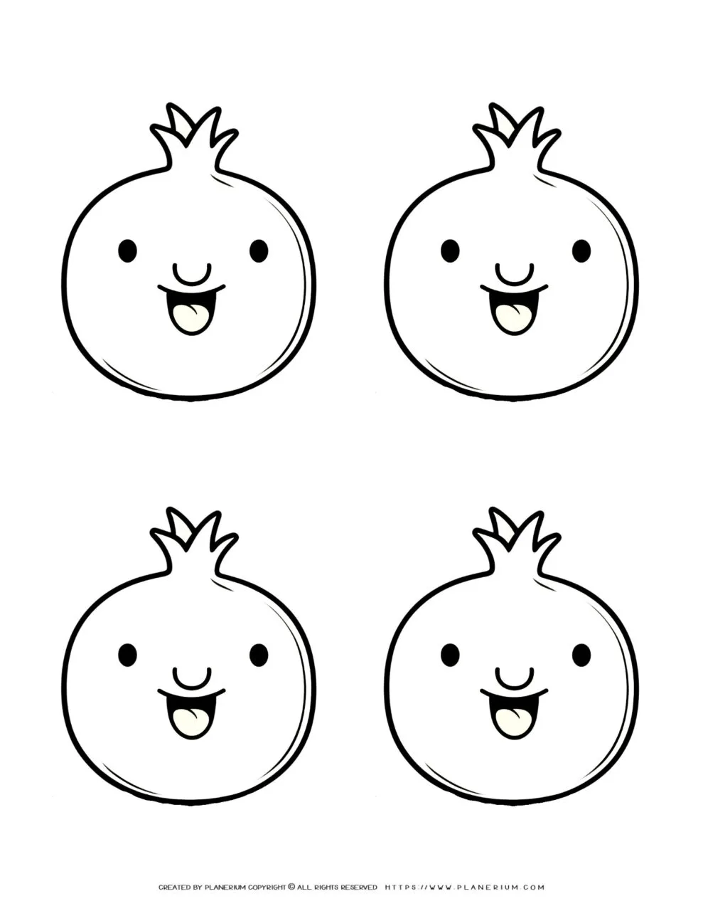 Printable
  coloring sheet featuring four cute pomegranate faces, ideal for kids’
  creative fun and artistic expression. Perfect for engaging coloring
  activities.