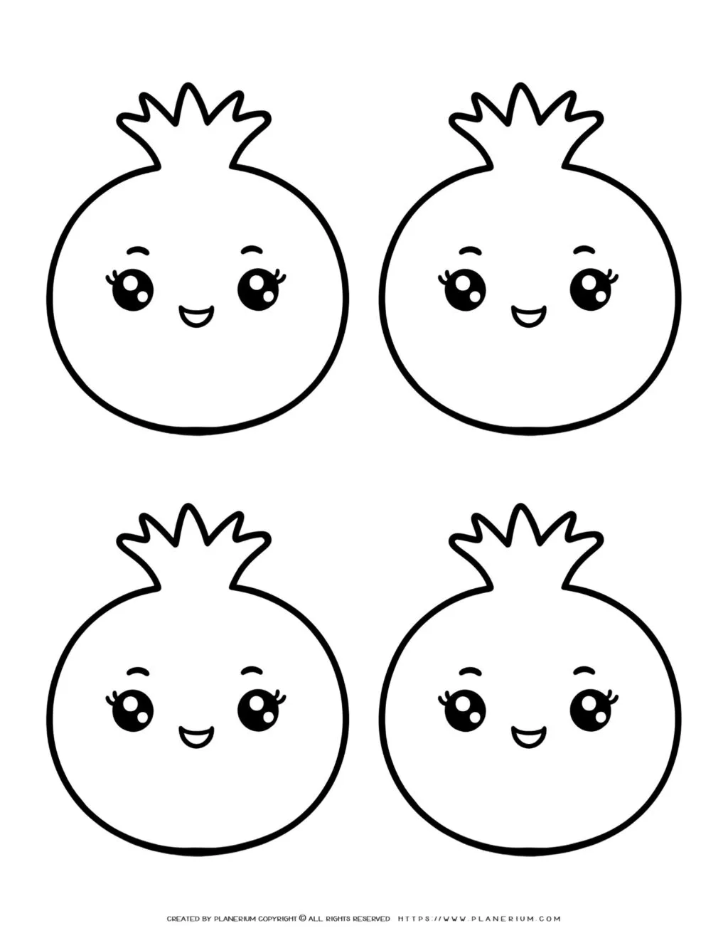 Adorable pomegranate coloring pages for children featuring four kawaii designs, combining fun and creativity for young artists. Perfect for kids activities.