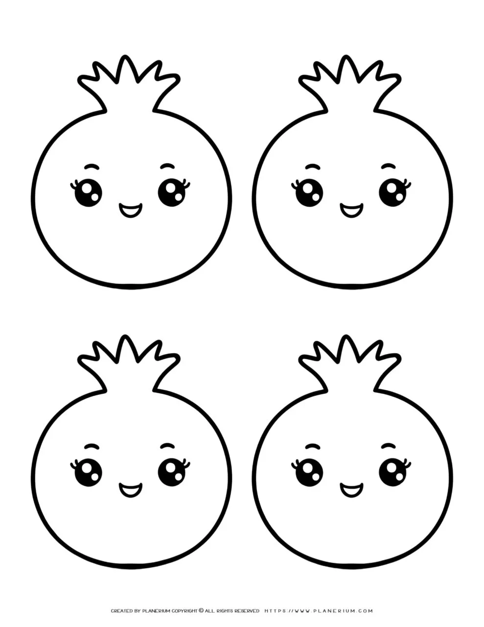 Adorable
  pomegranate coloring pages for children featuring four kawaii designs,
  combining fun and creativity for young artists. Perfect for kids activities.