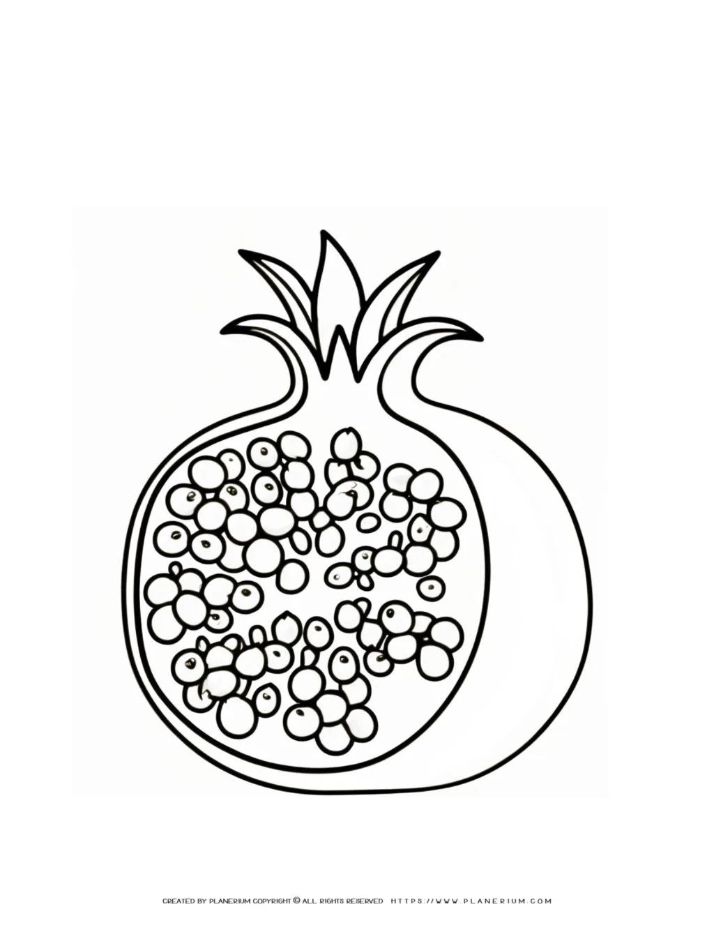 Printable fruit template featuring a half pomegranate coloring page, ideal for creative projects and educational activities focused on healthy fruits.