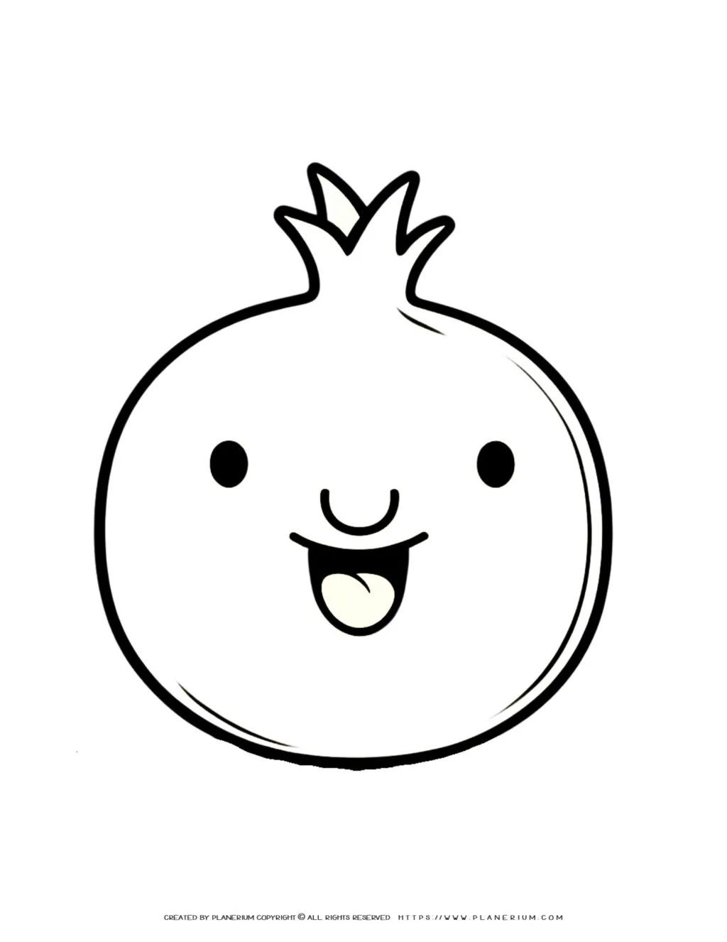 Printable coloring sheet featuring a joyful pomegranate face, ideal for engaging and fun educational activities for kids.