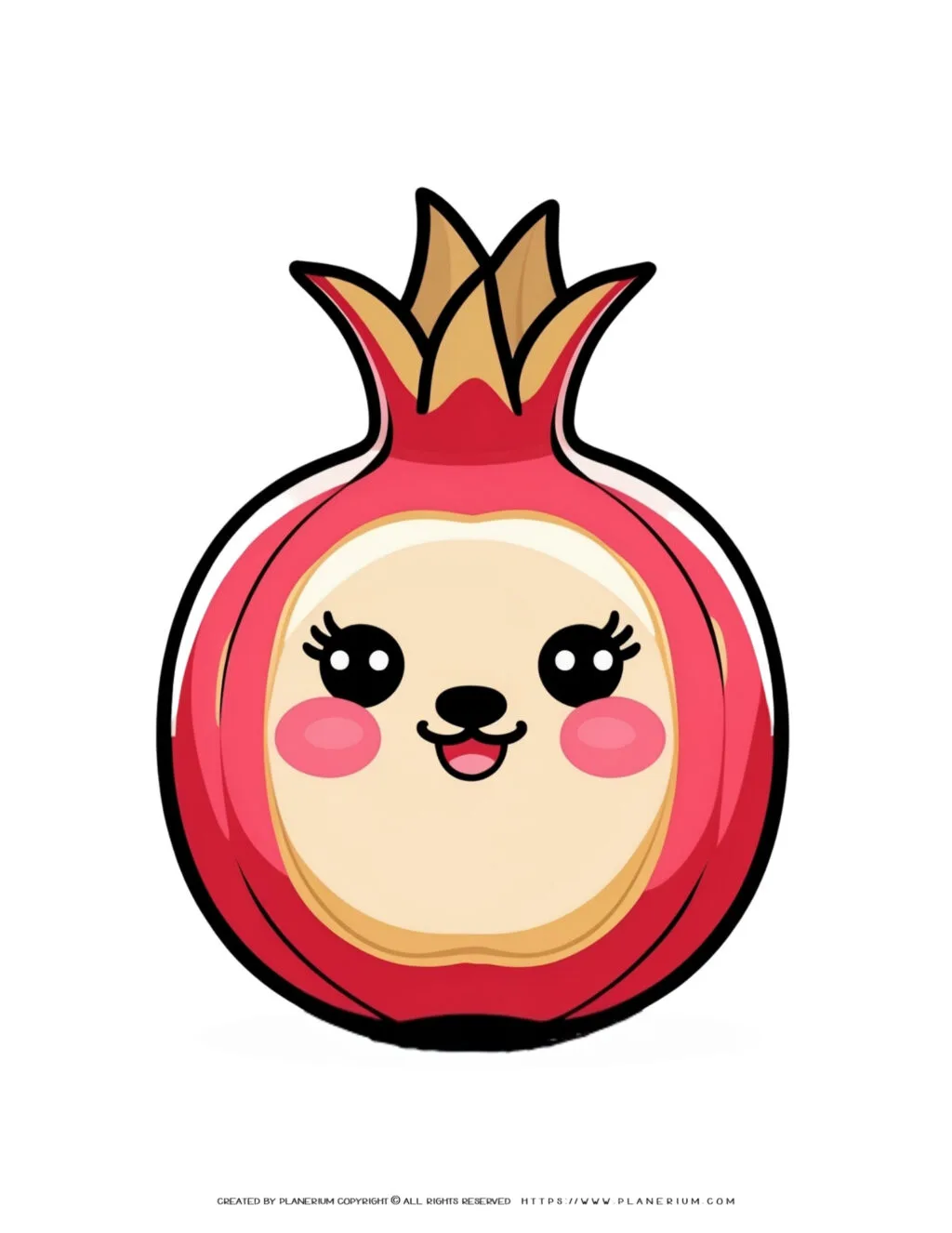 Adorable kawaii pomegranate character coloring page for kids, perfect for printable activities, enhancing creativity and engaging young imaginations.