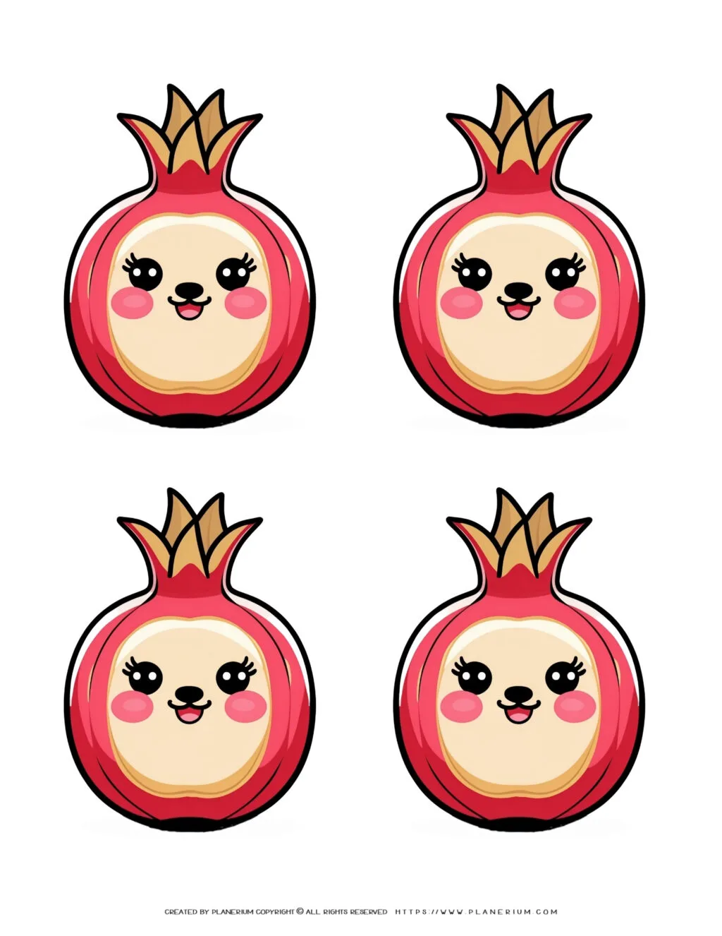 A set of four printable cards featuring a cute kawaii pomegranate character, perfect for adding a touch of fun and charm to any occasion.