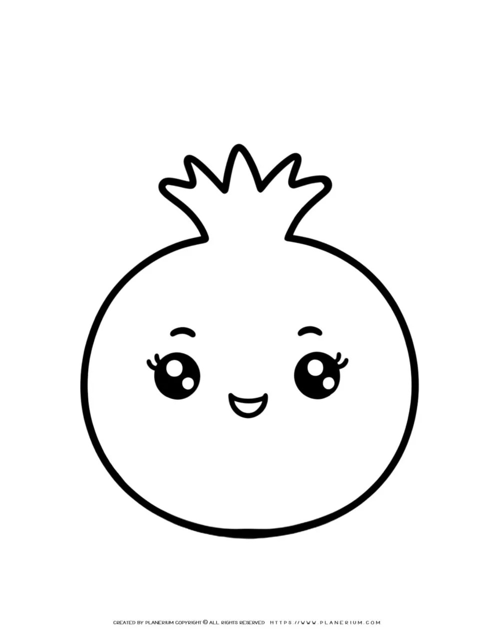 Printable
  kawaii pomegranate coloring page for kids, featuring a cute and fun design
  that encourages creativity and coloring skills development.