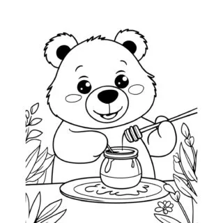 Downloadable Coloring Page: Smiling Bear with a Honey Jar - Perfect for Kids' Creative Activities and Coloring Fun