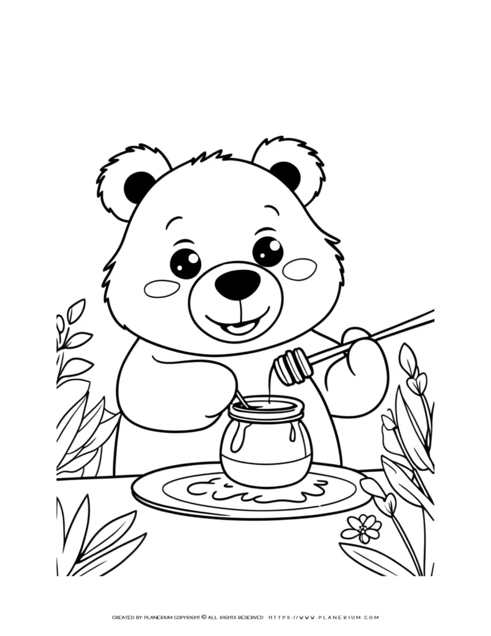 Downloadable
  Coloring Page: Smiling Bear with a Honey Jar - Perfect for Kids' Creative
  Activities and Coloring Fun