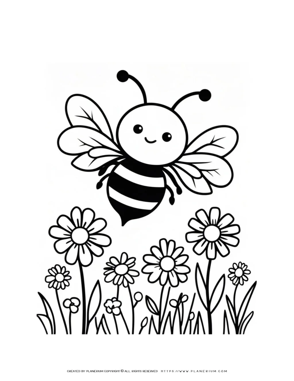 Printable coloring page featuring a cheerful bee surrounded by flowers, perfect for kids who love engaging in creative and artistic activities.