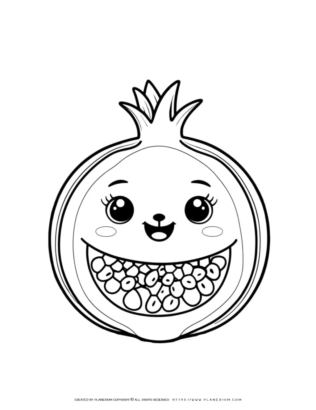 Printable coloring page featuring a smiling pomegranate with seeds, perfect for a fun and educational activity focused on learning about fruits.