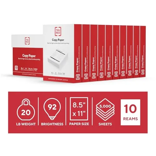 Bulk TRU RED 8.5x11 Printer Paper - 20lb, 92 Bright, 5000 Sheets - Ideal for Educational Use, Office Supplies, and School Projects