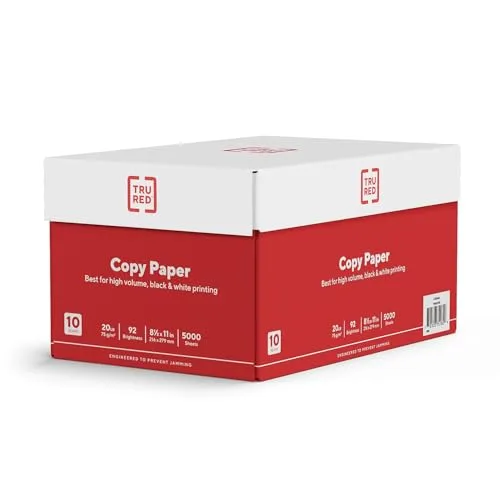 TRU RED 8.5x11 printer paper, 5000 sheets, ideal for educators seeking reliable, high-quality printing for classroom and educational materials.