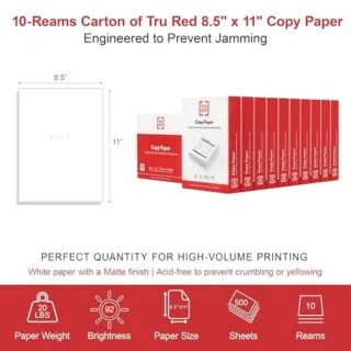 Premium Tru Red Printer Paper for Teachers – 5000 Sheets, 8.5x11, 20lb, 92 Brightness; Ideal for Classroom Printing and Copying Needs.
